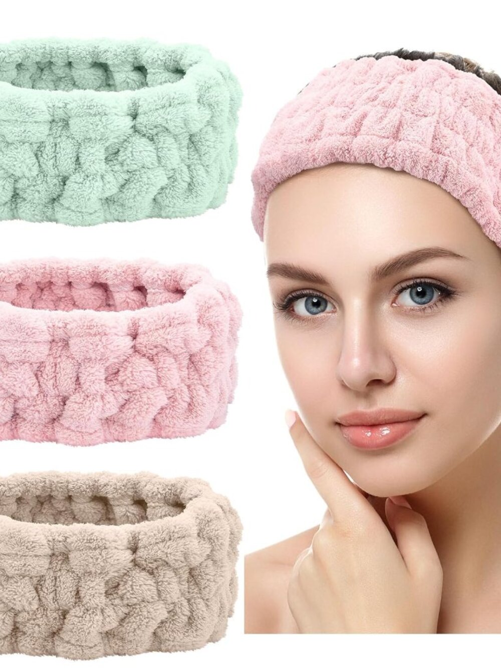 3 Pcs Facial Makeup Headband, Pink, Green, Brown